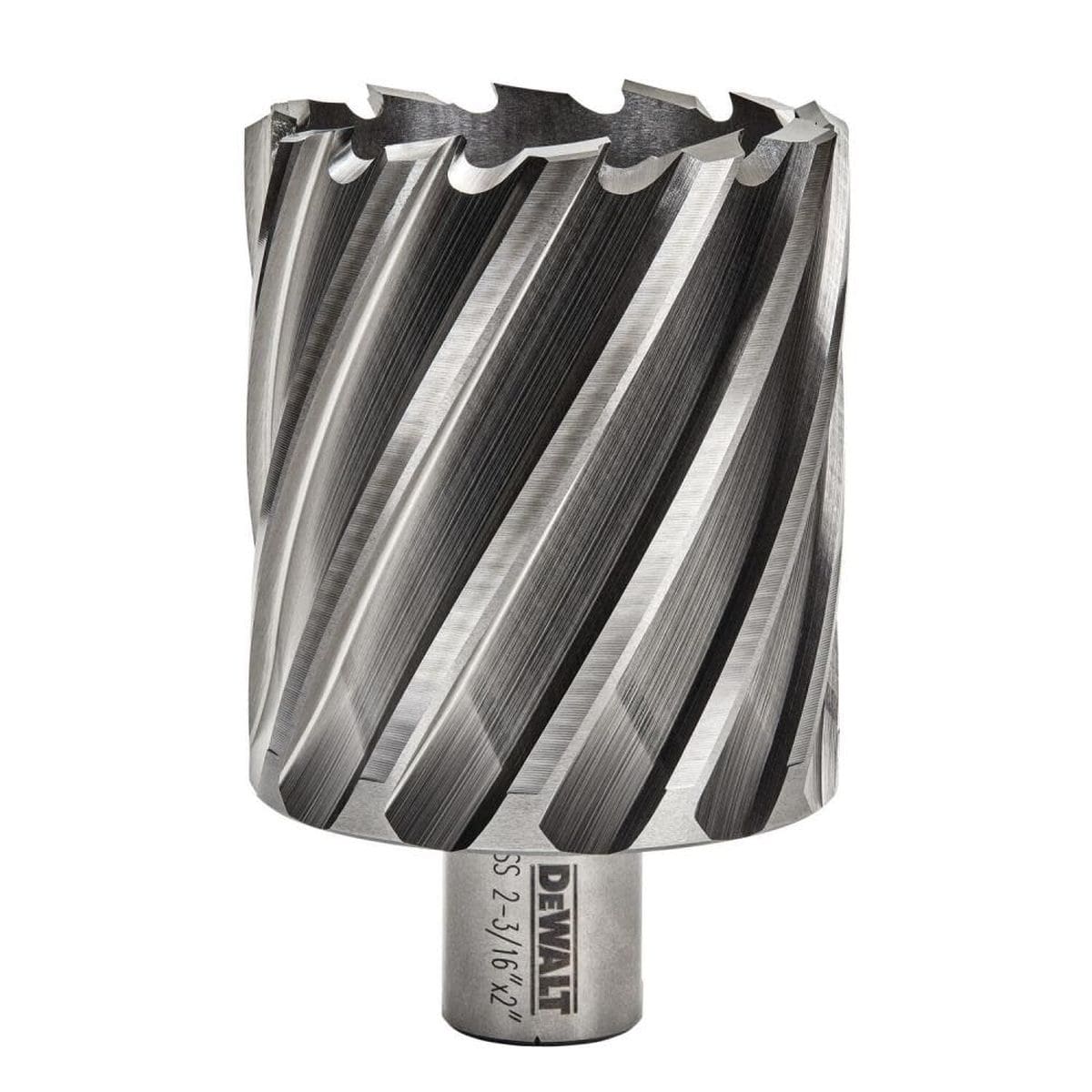 A studio product shot of the DEWALT DWAC02035 2-3/16-inch high-speed steel annular cutter against a white background, highlighting its thick cylindrical body with sharp spiral flutes and a precision-machined 3/4-inch Weldon shank base with a dual-flat configuration.