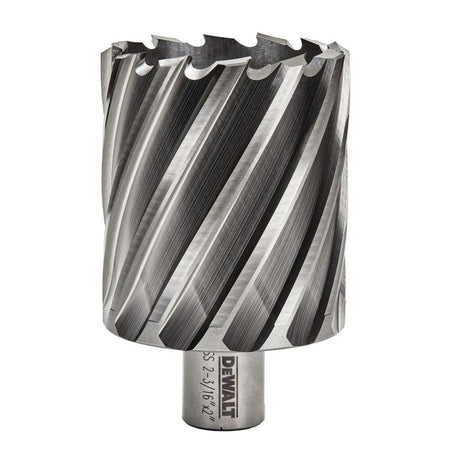 A studio product shot of the DEWALT DWAC02035 2-3/16-inch high-speed steel annular cutter against a white background, highlighting its thick cylindrical body with sharp spiral flutes and a precision-machined 3/4-inch Weldon shank base with a dual-flat configuration.