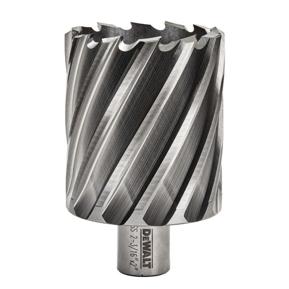 A studio product shot of the DEWALT DWAC02035 2-3/16-inch high-speed steel annular cutter against a white background, highlighting its thick cylindrical body with sharp spiral flutes and a precision-machined 3/4-inch Weldon shank base with a dual-flat configuration.