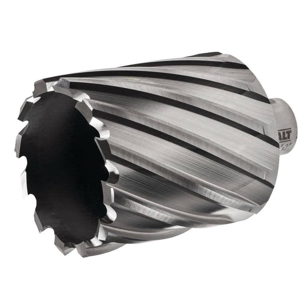A three-quarter angle view of the DEWALT high-speed steel annular cutter, showcasing the large hollow core layout and the aggressive precision-ground cutting teeth designed for heavy metal core drilling applications.