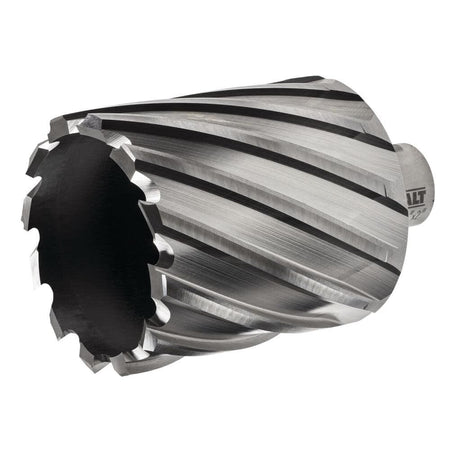 A three-quarter angle view of the DEWALT high-speed steel annular cutter, showcasing the large hollow core layout and the aggressive precision-ground cutting teeth designed for heavy metal core drilling applications.