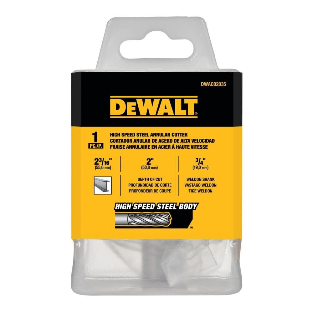 The retail packaging for the DEWALT annular cutter core drill bit, featuring a clear and black plastic storage sleeve with yellow labeling that outlines technical specifications including the 2-3/16-inch diameter, 2-inch cut depth, and 3/4-inch Weldon shank compatibility details.