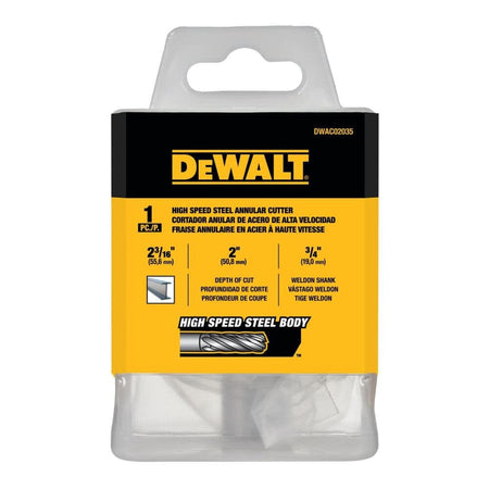 The retail packaging for the DEWALT annular cutter core drill bit, featuring a clear and black plastic storage sleeve with yellow labeling that outlines technical specifications including the 2-3/16-inch diameter, 2-inch cut depth, and 3/4-inch Weldon shank compatibility details.