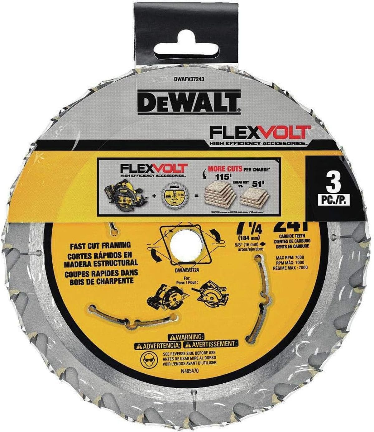 A front studio view of the DEWALT FLEXVOLT 7-1/4 inch 24-tooth carbide circular saw blade in its retail packaging. The graphic label highlights the high-efficiency design for cordless tools, promising more cuts per charge and featuring submicron-grade carbide teeth for fast, smooth framing cuts in structural lumber.