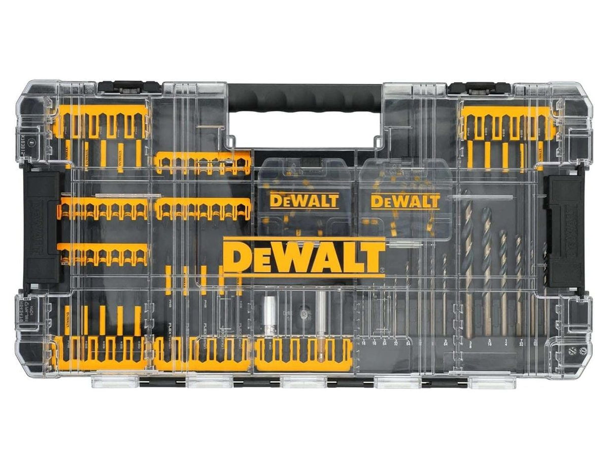DEWALT drill and driver bit set in transparent ToughCase+ with organized rows of bits, socket adapters, and black and gold drill bits.