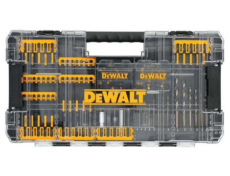 DEWALT drill and driver bit set in transparent ToughCase+ with organized rows of bits, socket adapters, and black and gold drill bits.