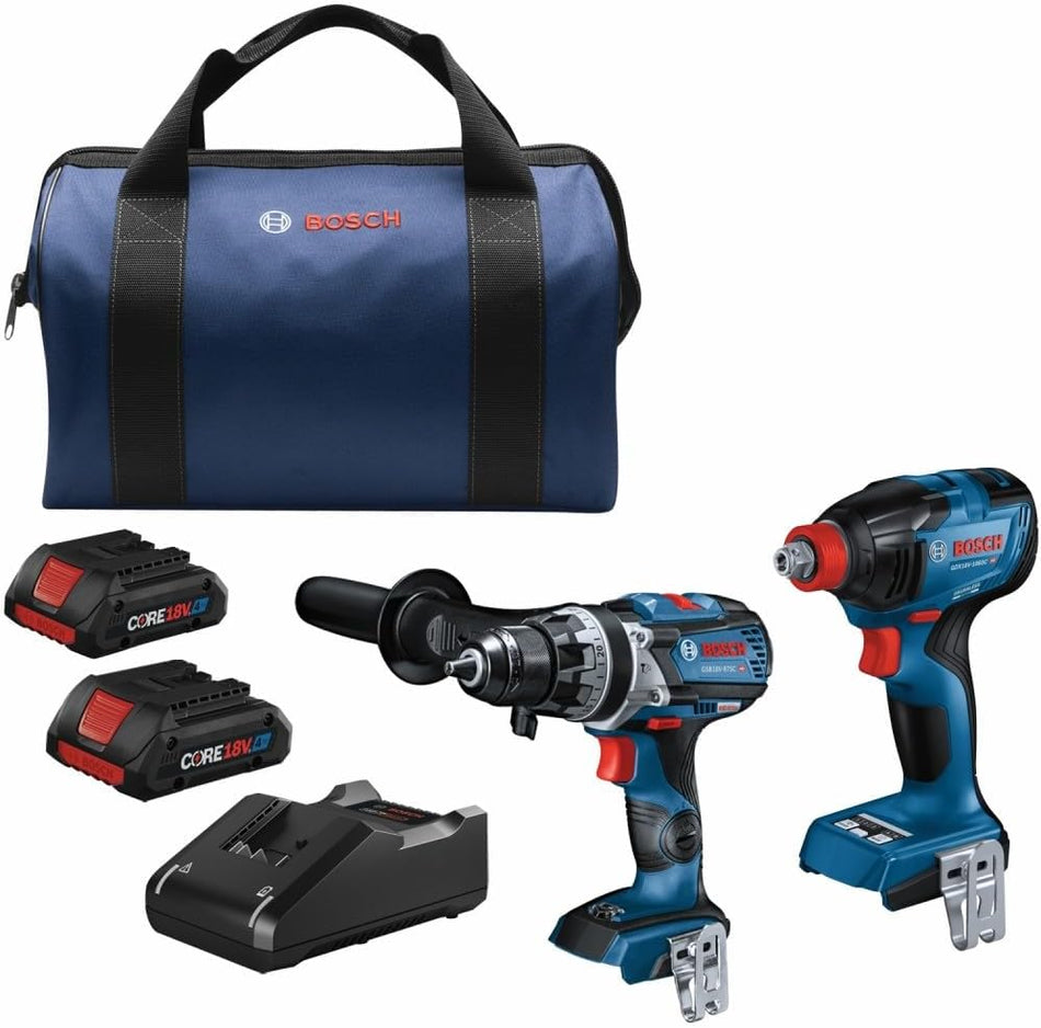Bosch GXL18V-227B25 combo kit including cordless drill, impact driver, two CORE18V batteries, charger, and branded carrying bag. Tools feature ergonomic design with red accents and auxiliary handle for control.