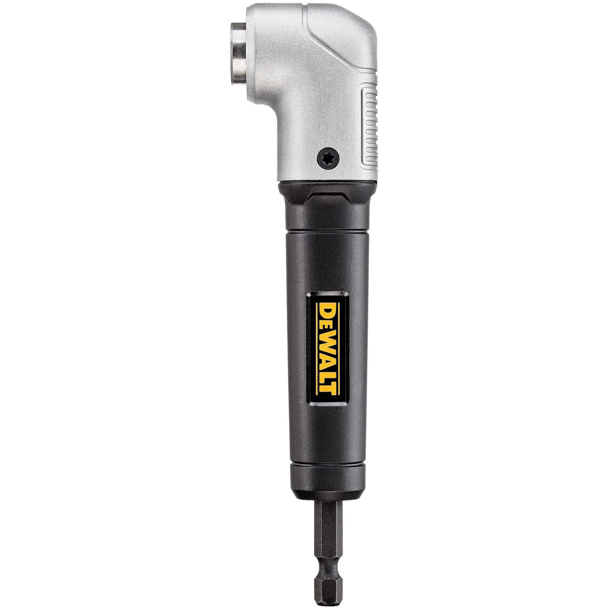 DEWALT DWARA120 Impact Ready right angle drill attachment featuring a compact 1.5-inch silver gear head and black handle designed for tight-space fastening.