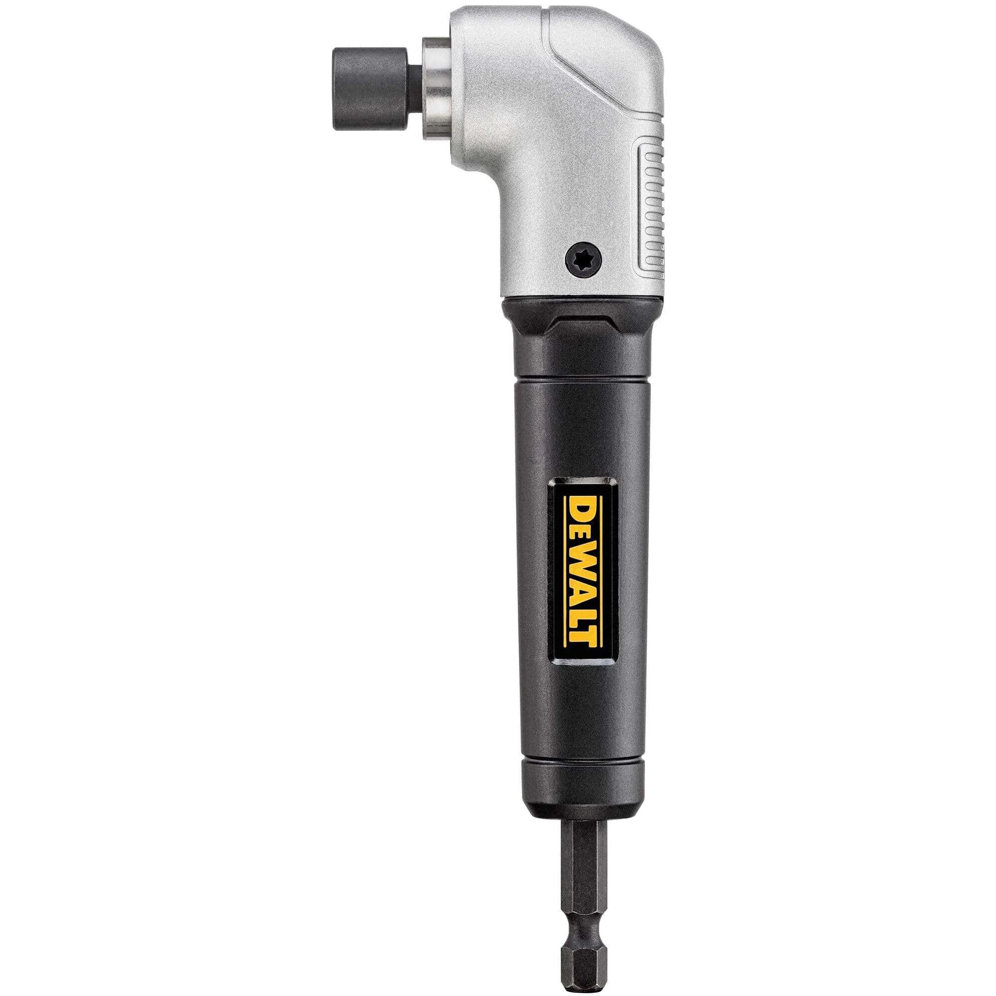 Side view of the DEWALT right angle drill adapter with a hex bit inserted into the magnetic chuck, showcasing the compact 90-degree head for close-quarter driving.