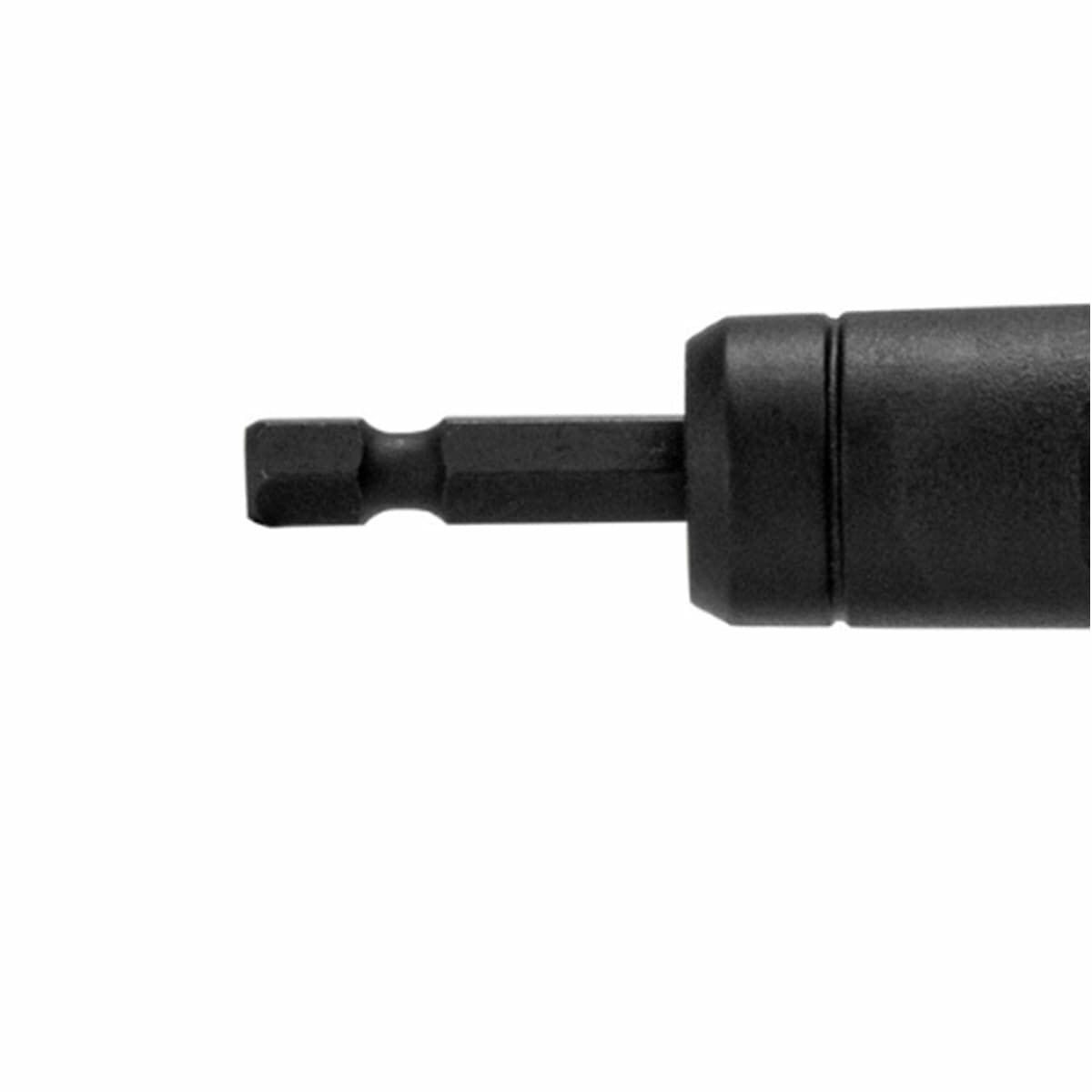Close-up of hex shank bit designed for use with the DEWALT DWARA120 right angle attachment. The black steel finish and square drive tip support secure fastening in tight spaces when paired with impact drivers.
