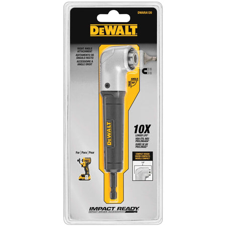 Retail carded packaging for the DEWALT DWARA120 right angle attachment highlighting its 10X longer life, impact ready rating, and 1.5-inch front-to-back design.