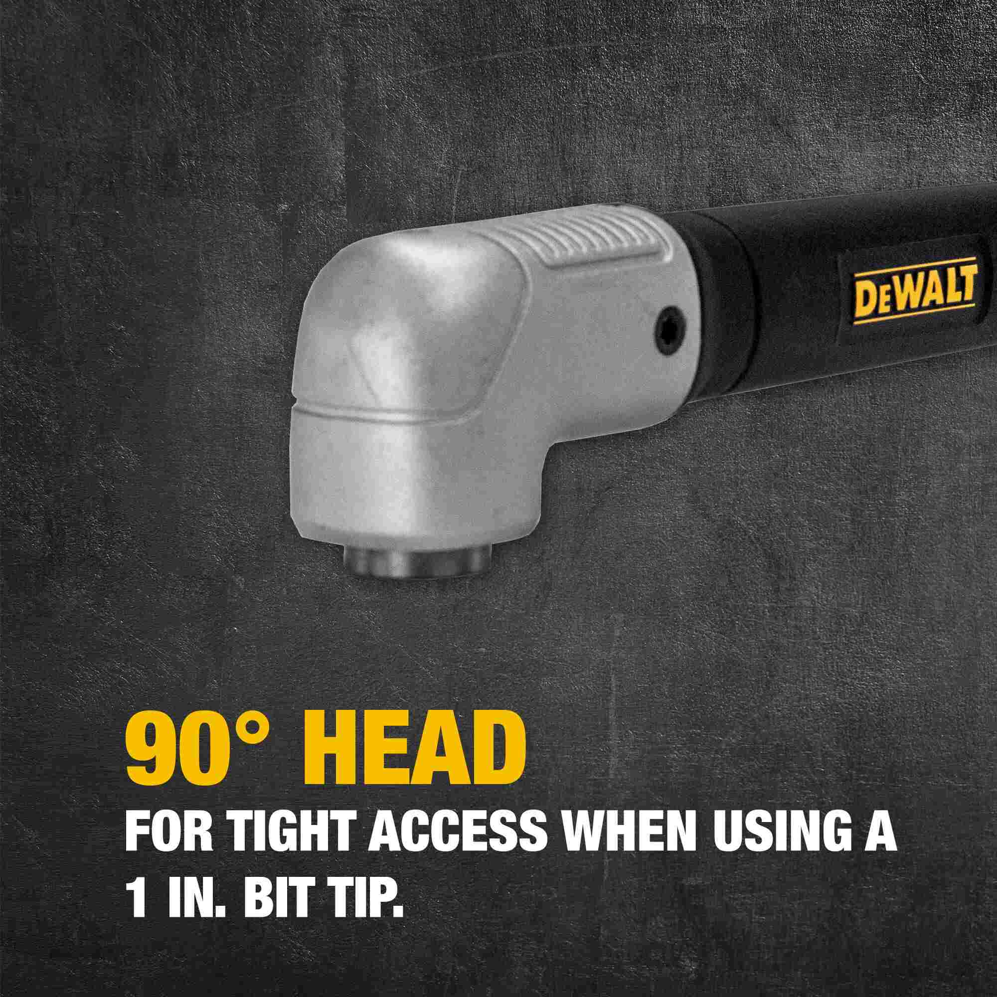 Close-up of the DEWALT 90-degree drill attachment head on a dark textured background, illustrating its suitability for tight access when using a 1-inch bit tip.