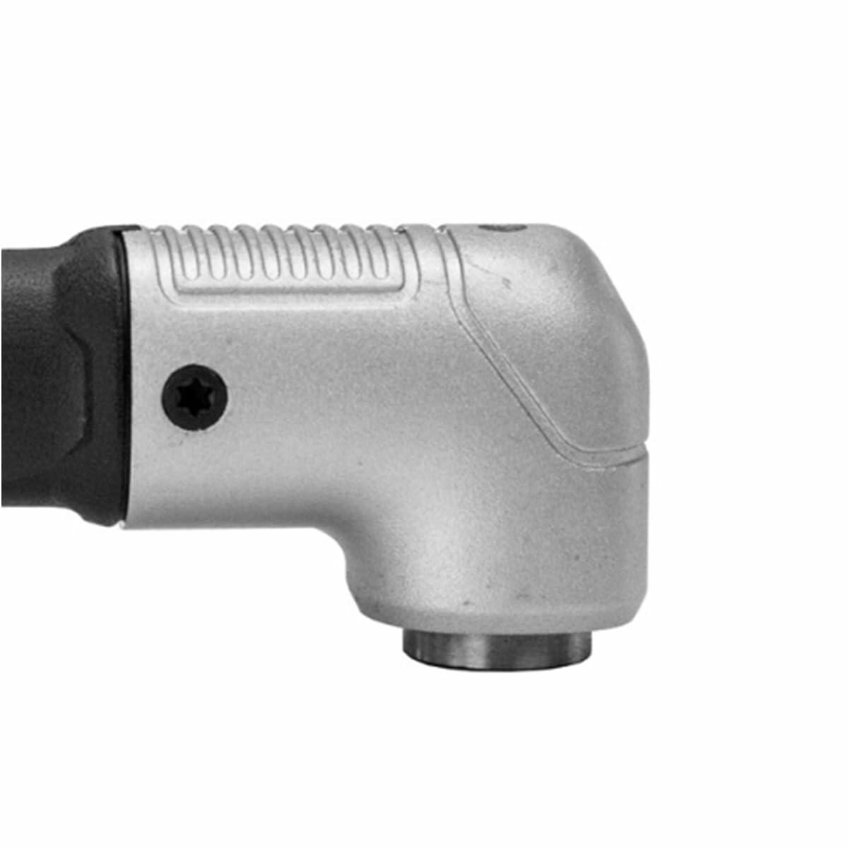 Detailed view of DEWALT DWARA120 right angle drill attachment showing metal gear housing and bit insertion point. Textured grip and compact design allow drilling and fastening in confined or hard-to-reach areas