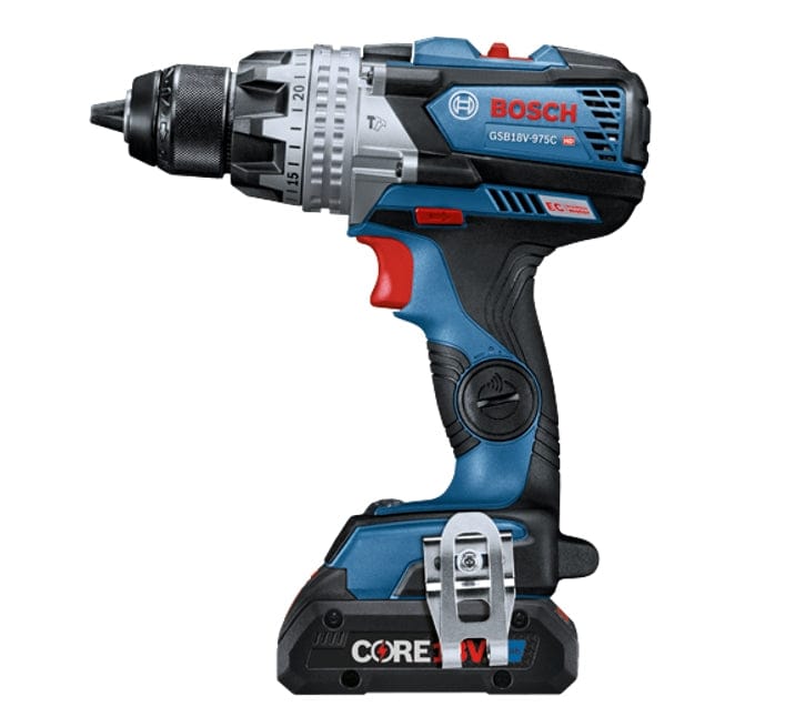 Bosch GSB18V-975C cordless hammer drill with torque ring, mode selector, and CORE18V battery. Blue and black body with red accents and Bosch logo. Features include keyless chuck and belt clip for portability.