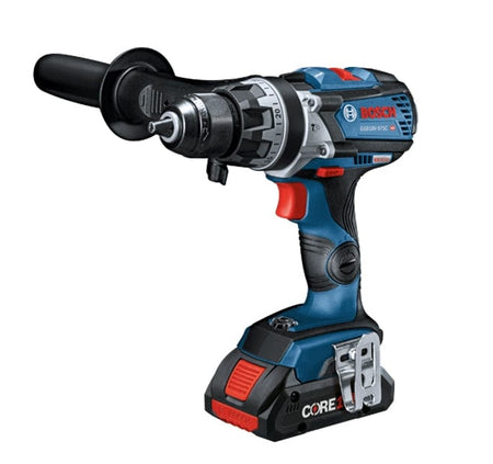 Bosch GSB18V-755C cordless hammer drill with side handle and CORE18V battery. Features keyless chuck, metal belt clip, and ergonomic grip. Designed for high-performance drilling and driving in professional applications.