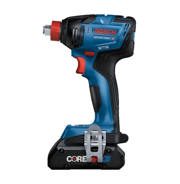 Bosch GDX18V-1860C impact driver with attached CORE18V 4.0 Ah battery. Brushless motor tool shown in blue and black with red accents. Bosch logo and model number clearly visible on the side.