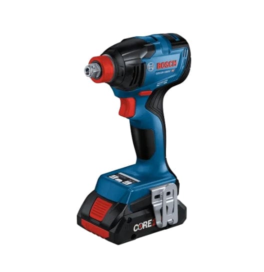 Bosch GDX18V-1860C cordless impact driver with CORE18V battery attached. Features dual-mode chuck for hex and square bits, metal belt clip, and ergonomic grip. Tool is blue and black with red accents and Bosch branding.