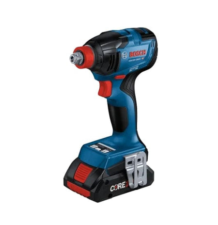 Bosch GDX18V-1860C cordless impact driver with CORE18V battery attached. Features dual-mode chuck for hex and square bits, metal belt clip, and ergonomic grip. Tool is blue and black with red accents and Bosch branding.