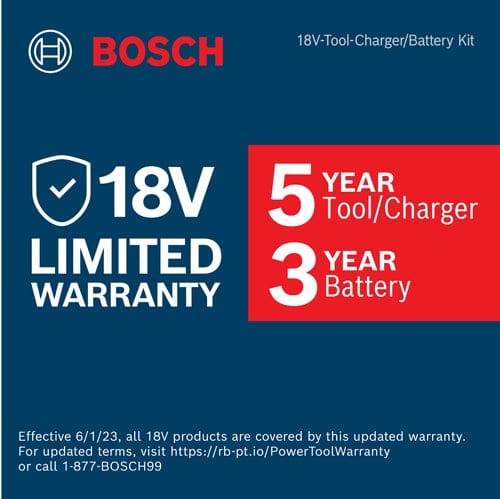 Bosch promotional graphic showing 18V limited warranty coverage. Highlights include “5 YEAR Tool/Charger” and “3 YEAR Battery” with shield icon. Effective June 1, 2023, all Bosch 18V products are covered under this updated warranty.