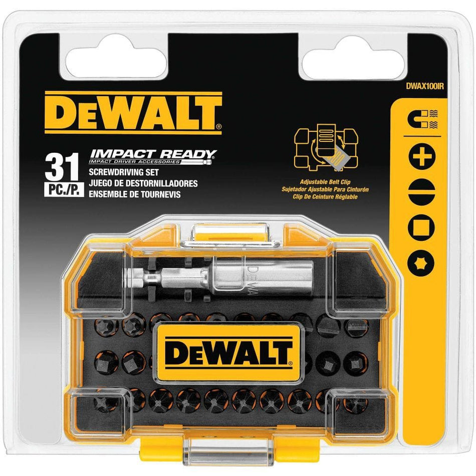 DEWALT DWAX100IR 31-piece impact ready screwdriving set in retail blister packaging featuring the extra small ToughCase with a transparent lid and adjustable belt clip.