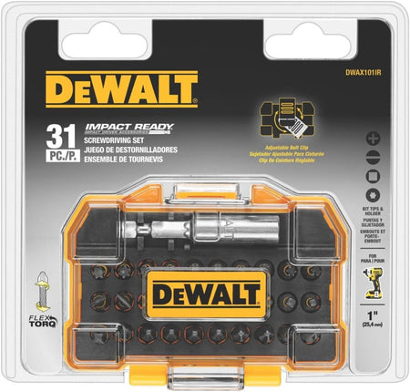 The retail blister packaging for the DEWALT DWAX101IR 31-piece impact ready screwdriving set. The packaging highlights the FlexTorq reflex core technology, 1-inch bit tips, and the included compact ToughCase with an adjustable belt clip, optimized for impact driver accessories.