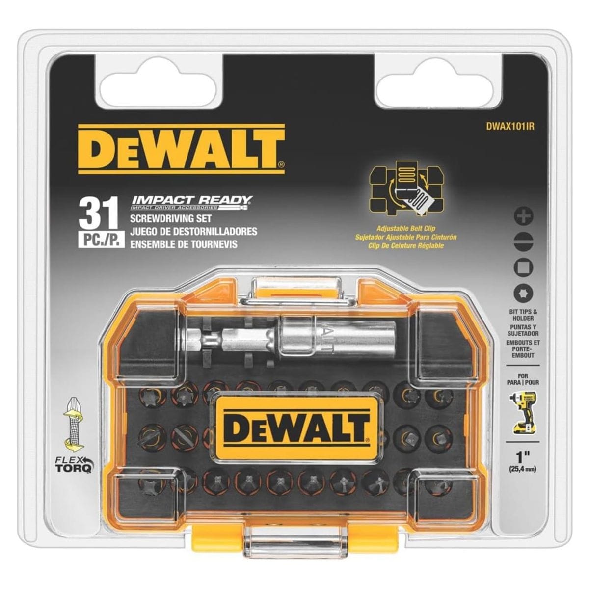 The retail blister packaging for the DEWALT DWAX101IR 31-piece impact ready screwdriving set. The packaging highlights the FlexTorq reflex core technology, 1-inch bit tips, and the included compact ToughCase with an adjustable belt clip, optimized for impact driver accessories.