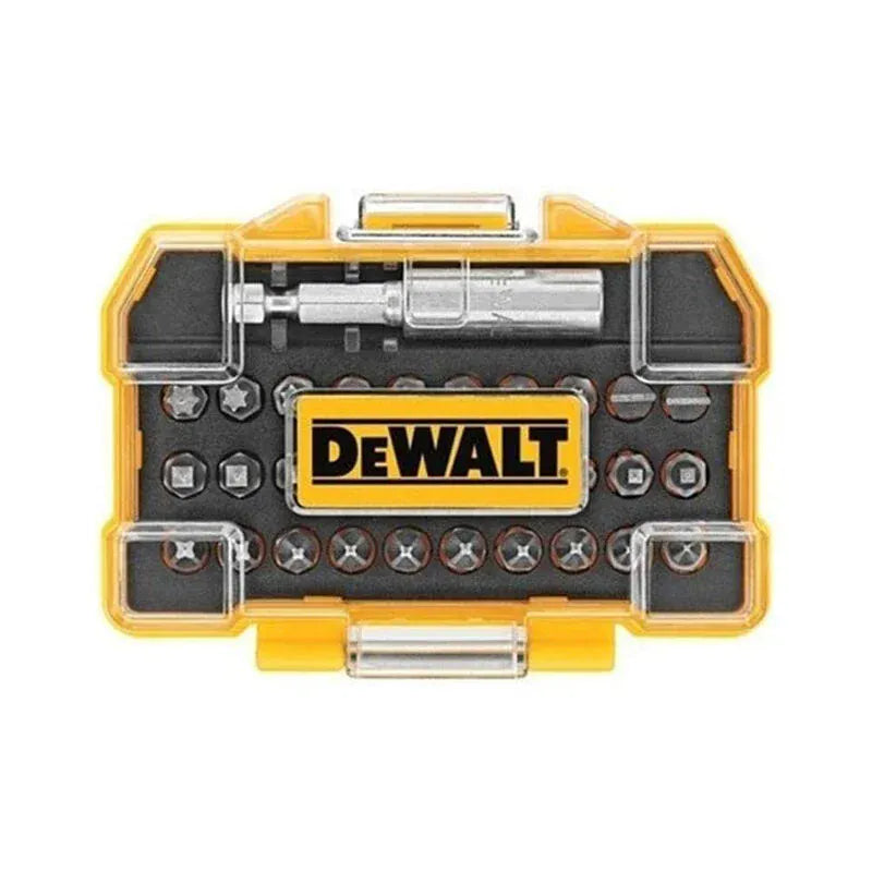 A top-down studio shot of the closed DEWALT compact ToughCase. Through the clear lid, the organized 31-piece screwdriving set is visible, showcasing a variety of CNC machined Phillips, square, and slotted bits alongside the silver magnetic bit tip holder.