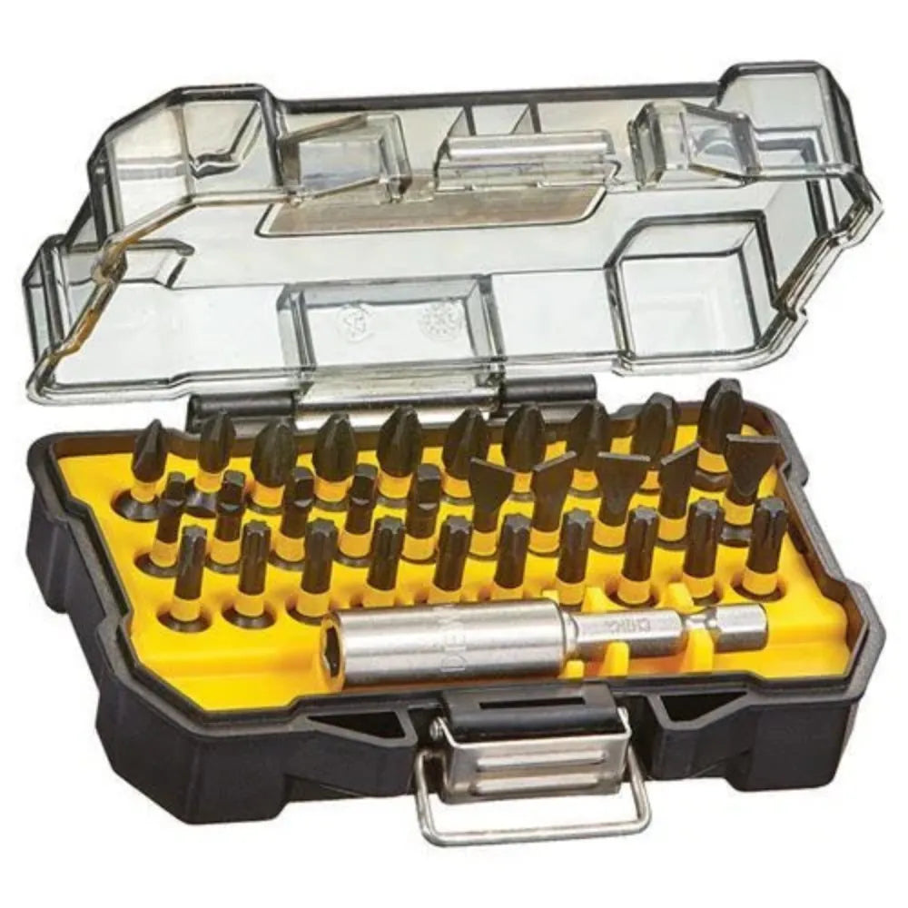 An open-lid studio view of the DEWALT DWAX101IR FlexTorq bit set. The image highlights the internal yellow bit bars holding the 29 impact-ready bits in place and the magnetic bit holder in the foreground, demonstrating the portable and secure storage of the ToughCase system.