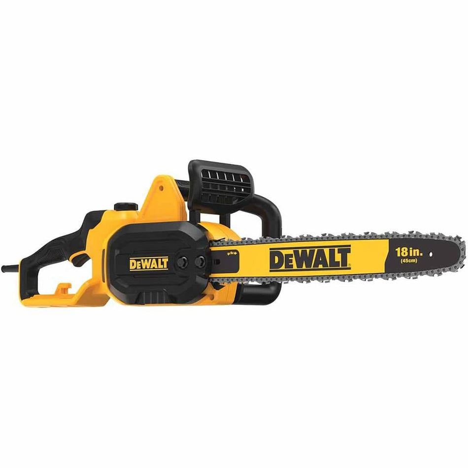 Side profile view of the DEWALT DWCS600 electric chainsaw featuring an 18-inch low-kickback bar and chain, a 15-amp brushless motor housing, and an ergonomic front wrap handle.