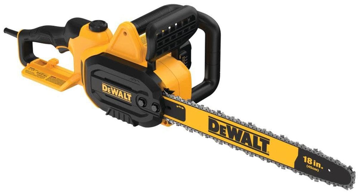 Angled perspective of the DEWALT 18-inch electric chainsaw highlighting the dual stud bar retention bolts, durable metal bucking spikes, and professional-grade chain assembly.