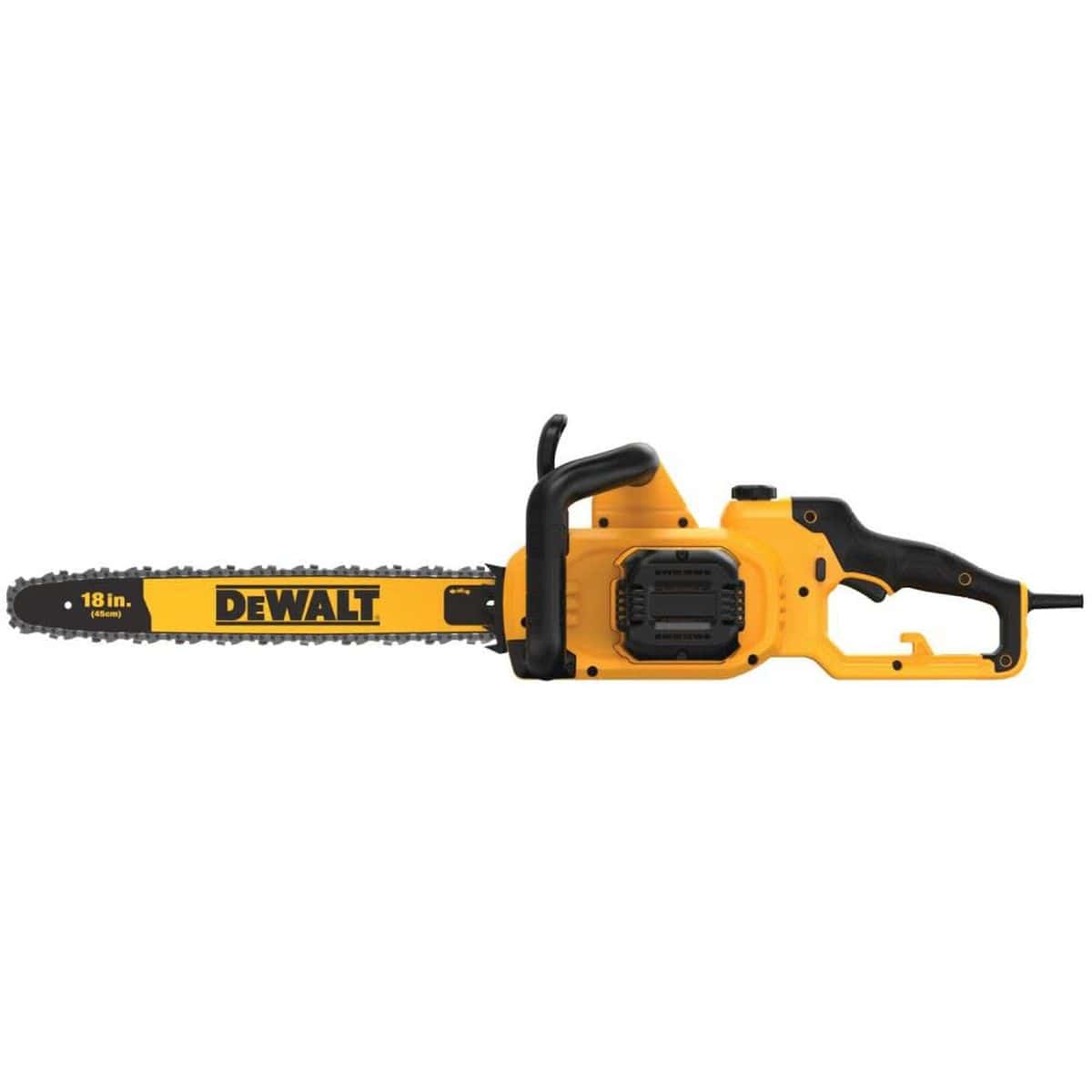 Reverse side view of the DEWALT DWCS600 highlighting the motor cooling vents, secondary handle grip, and the corded power connection for continuous lumber cutting performance.