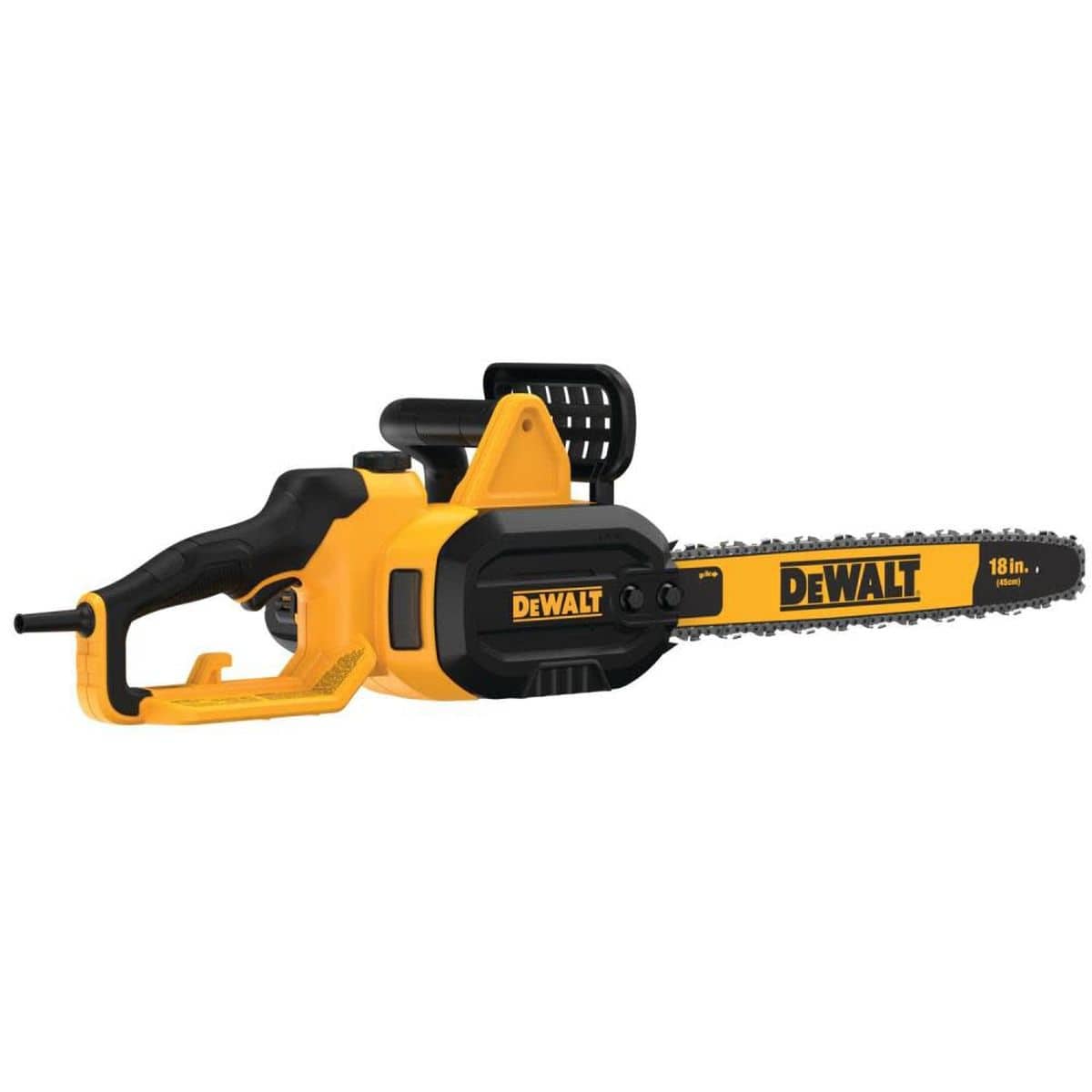 Perspective view of the DEWALT 15-amp chainsaw illustrating the top-mounted oil fill cap and the balanced tool geometry designed for controlled heavy-duty cutting.