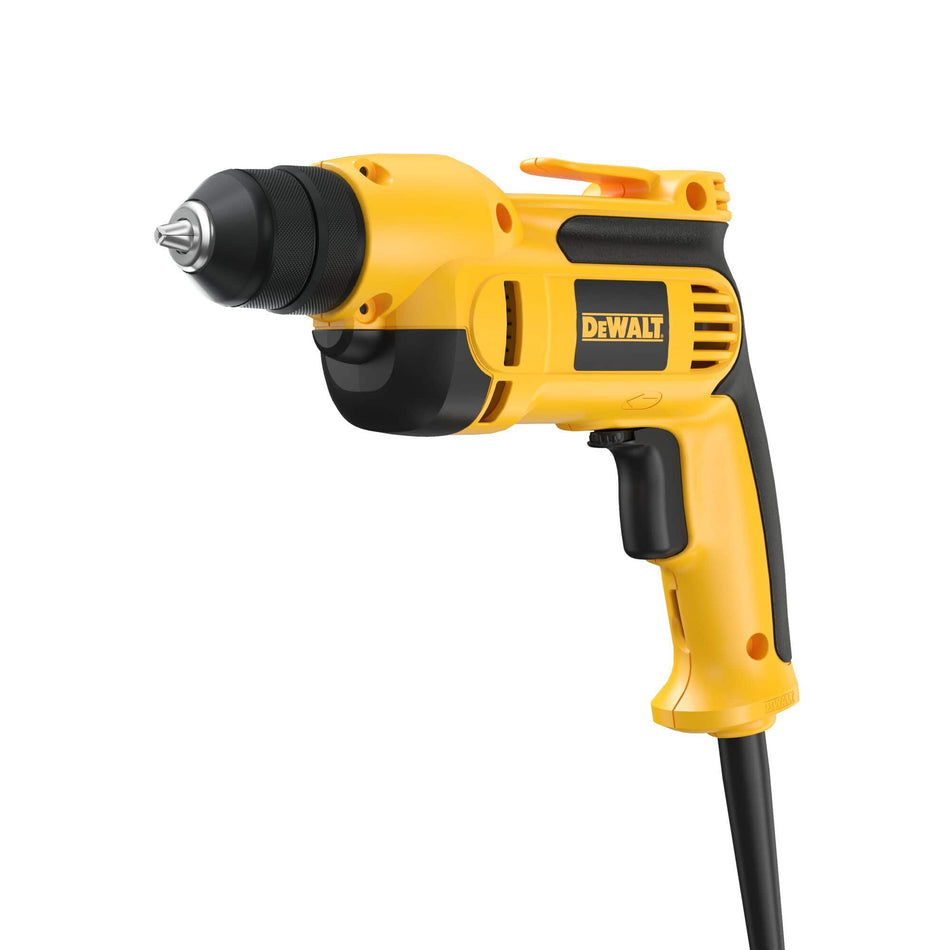 A studio product shot of the DEWALT DWD112 corded drill featuring its iconic yellow and black industrial housing, ergonomic pistol grip, and a heavy-duty all-metal keyless ratcheting chuck.