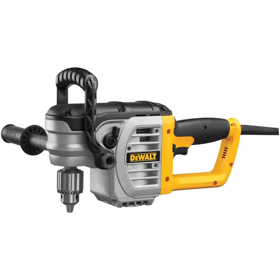Three-quarter studio view of the DEWALT DWD460 1/2 inch VSR stud and joist drill featuring a right-angle design, 1/2 inch keyed chuck, top-mounted bail handle, and a 2-position side handle for maximum leverage.