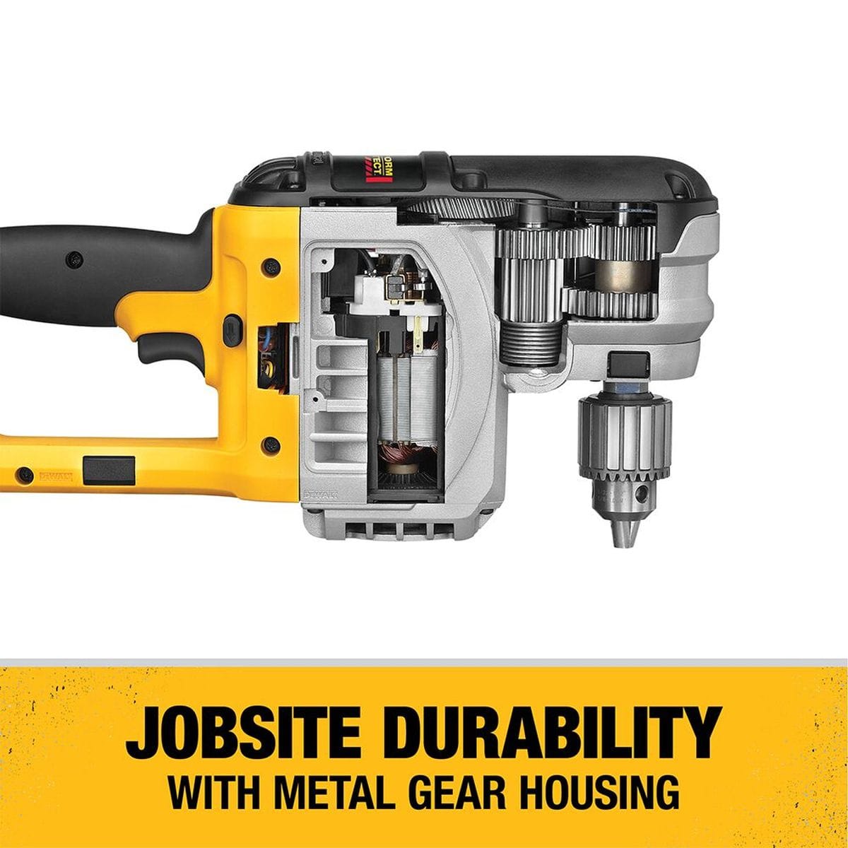 Cutaway view of the DEWALT right-angle drill highlighting the high-performance 11 Amp motor and industrial metal gear housing designed for heavy-duty jobsite durability and efficient torque transfer.
