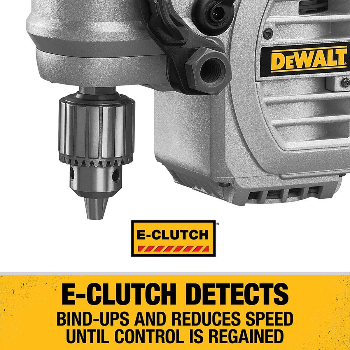 Close-up of the DEWALT E-Clutch system on the DWD460 stud and joist drill which detects bind-ups and automatically reduces speed to protect the user and maintain control during high-torque boring.