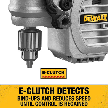 Close-up of the DEWALT E-Clutch system on the DWD460 stud and joist drill which detects bind-ups and automatically reduces speed to protect the user and maintain control during high-torque boring.