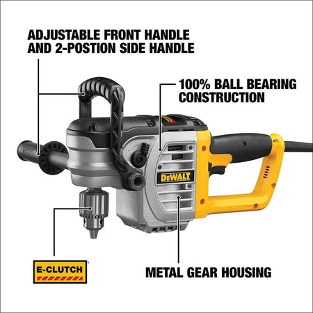 Product infographic for the DEWALT DWD460 detailing professional features including 100% ball bearing construction, metal gear housing, E-Clutch safety system, and fully adjustable handles.