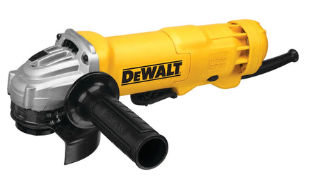 A direct side profile view of the DEWALT DWE402 4.5-inch angle grinder. The image displays the signature yellow and black professional housing, featuring the integrated paddle switch with safety lock-off, and the protective Type 27 guard, showcasing its ergonomic design for heavy-duty fabrication.