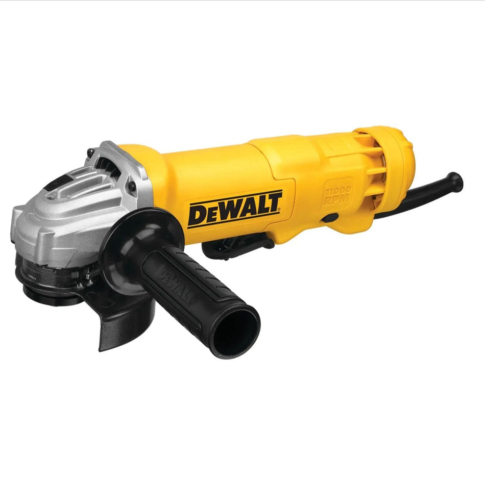 A direct side profile view of the DEWALT DWE402 4.5-inch angle grinder. The image displays the signature yellow and black professional housing, featuring the integrated paddle switch with safety lock-off, and the protective Type 27 guard, showcasing its ergonomic design for heavy-duty fabrication.