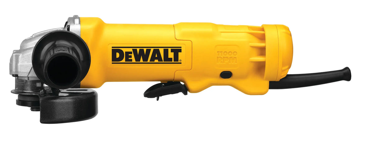 A studio photograph of the DEWALT DWE402 angle grinder from a three-quarter perspective. The view highlights the metal gear housing with the top-mounted spindle lock button, the 5/8"-11 spindle, and the compact frame designed to provide an excellent power-to-weight ratio for industrial grinding and cutting.