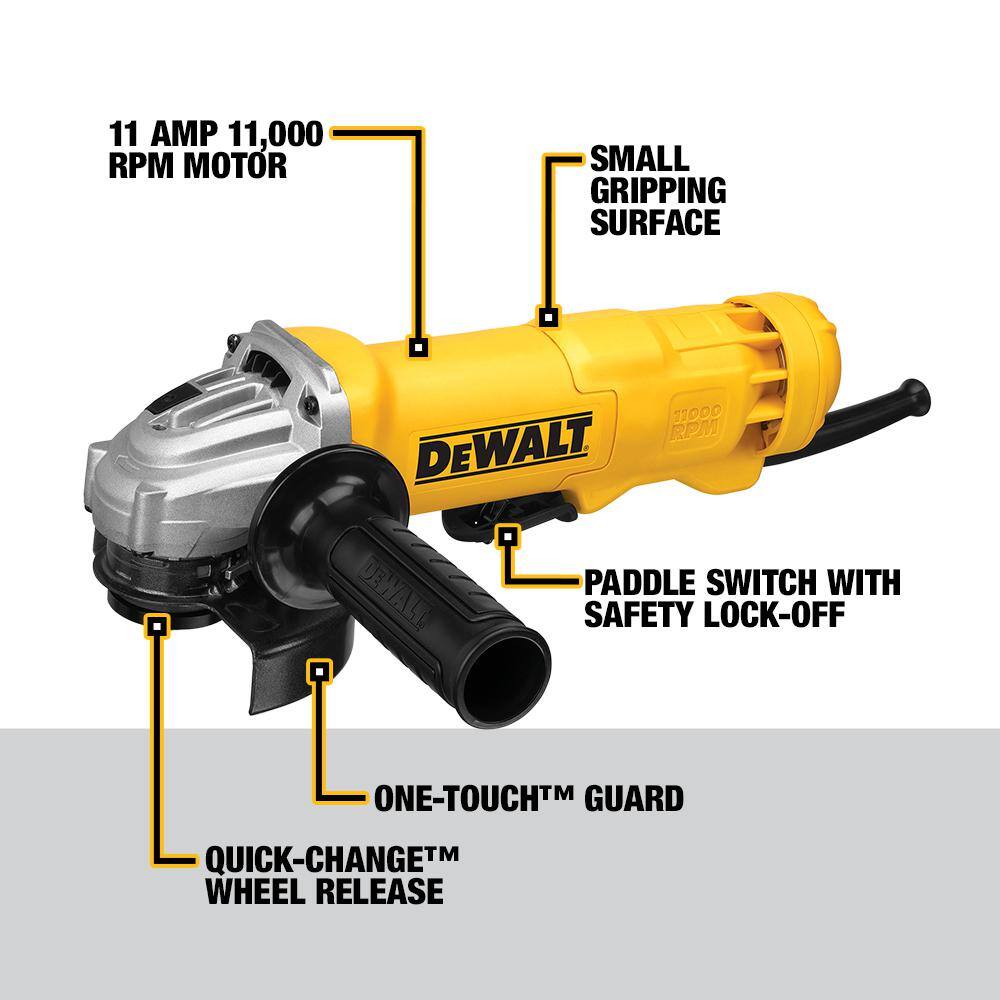A marketing graphic for the DEWALT DWE402 labeled NEXT GENERATION MOTOR. The infographic identifies key performance specifications, including the high-capacity 11-Amp AC/DC motor rating, the high-torque output, and the high-speed 11,000 RPM capability, promising rapid material removal on tough jobsites.