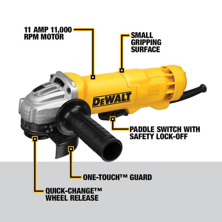 A marketing graphic for the DEWALT DWE402 labeled NEXT GENERATION MOTOR. The infographic identifies key performance specifications, including the high-capacity 11-Amp AC/DC motor rating, the high-torque output, and the high-speed 11,000 RPM capability, promising rapid material removal on tough jobsites.