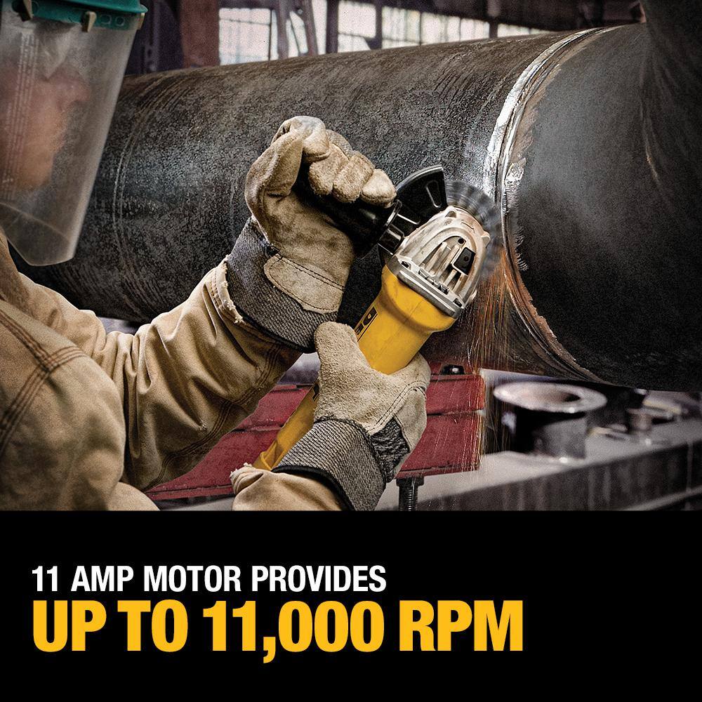 Feature infographic highlighting user convenience and ergonomics. The graphic labels the keyless One-Touch Guard for instant 360-degree rotation and the optimized grip design of the DEWALT 4.5-inch grinder, emphasizing improved user comfort and productivity during heavy-duty metalwork.