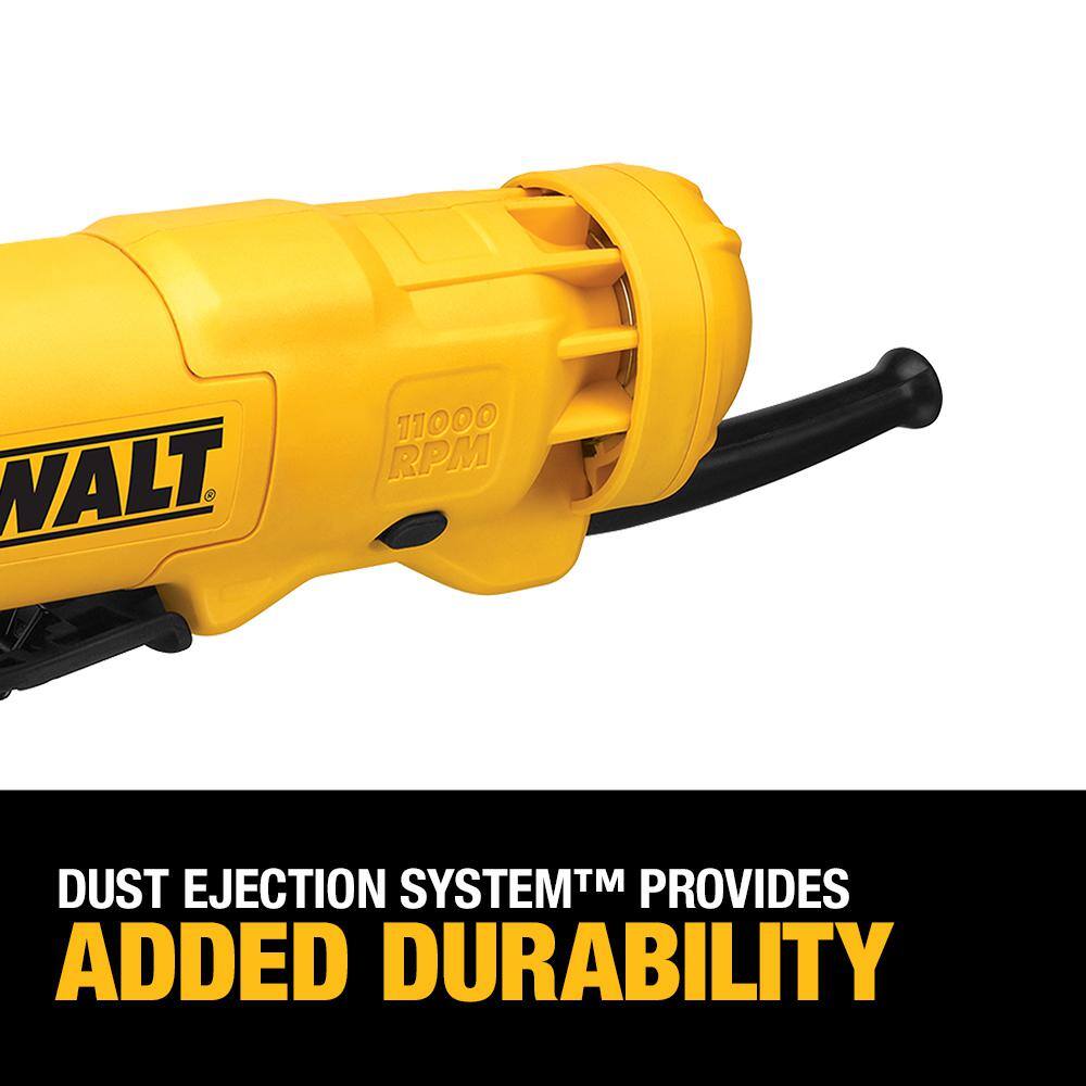 Graphic illustrating internal durability features of the DEWALT DWE402 grinder. Icons point to the robust field coils and the integrated Dust Ejection System, showcasing how damaging dust and debris particles are cleared from the airflow to protect the internal components and extend motor life.