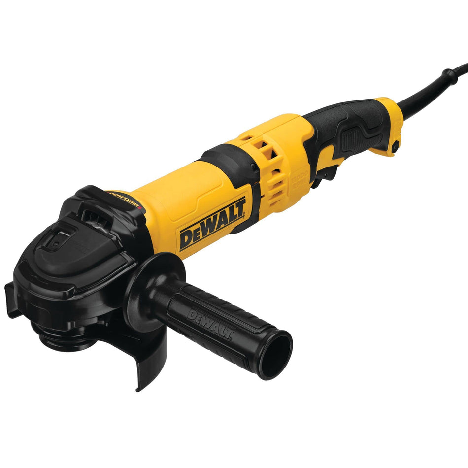 Perspective studio shot of the DEWALT DWE43066N 6-inch angle grinder featuring a high-output 13 Amp motor housing, ergonomic trigger switch handle, and a 360-degree adjustable side handle for professional metalworking.