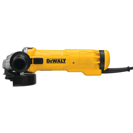 Full side profile of the DEWALT corded angle grinder highlighting the ergonomic slide switch with lock-on feature and the slim body design for improved control during heavy-duty applications.