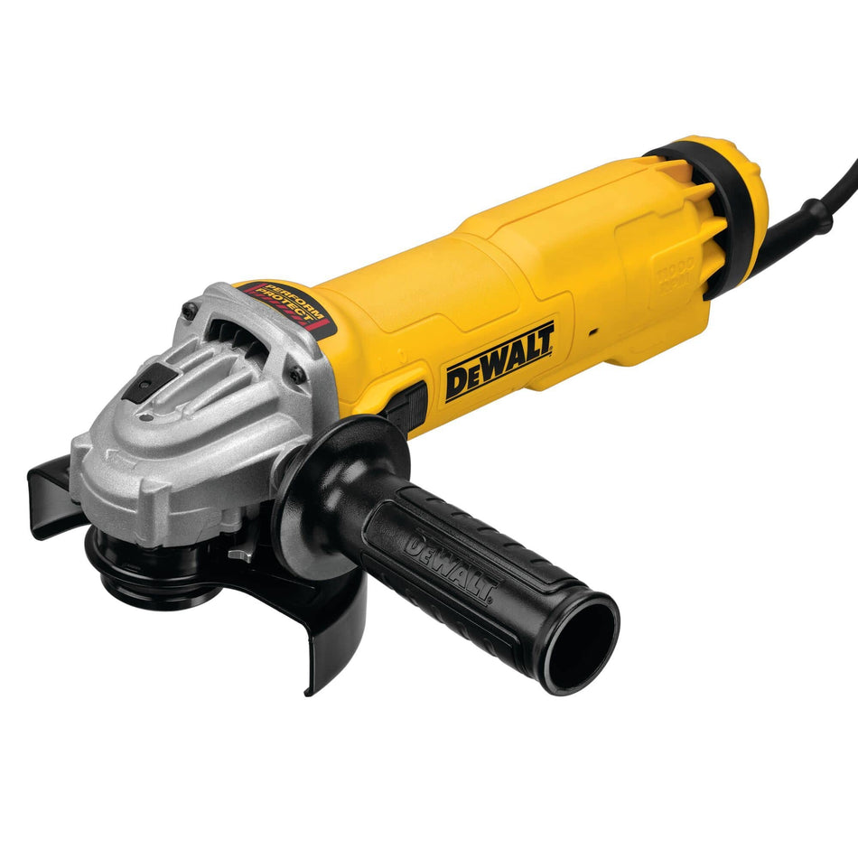 Three-quarter studio view of the DEWALT DWE43131 high-performance angle grinder featuring a 13 amp motor, side handle, and adjustable safety guard for industrial metal grinding and cutting.