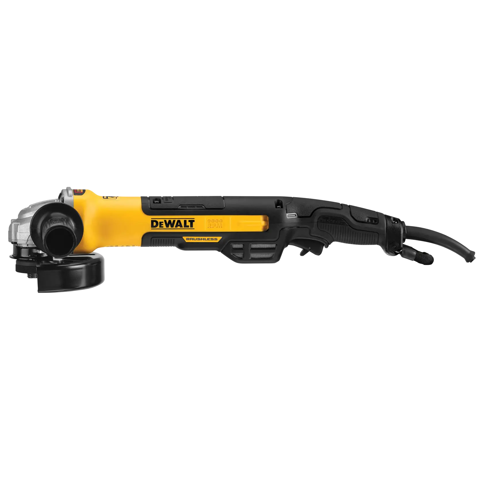 A side studio profile of the DEWALT DWE43265N brushless small angle grinder. The tool features a high-performance brushless motor, a long rat-tail handle design for increased leverage, and a black safety guard, engineered for heavy-duty metal grinding and cutting without a lock-on switch.