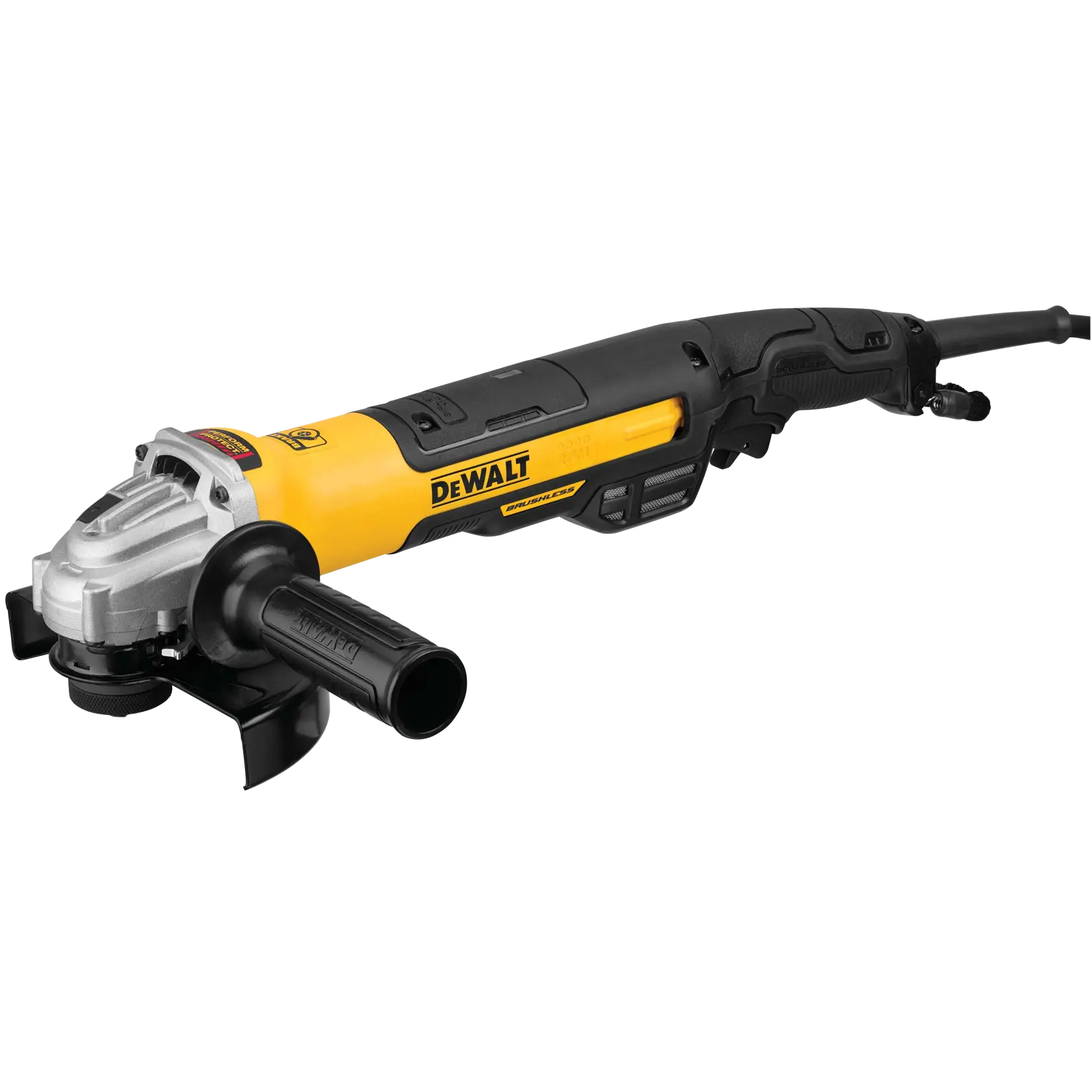 A perspective view of the DEWALT 5-inch to 6-inch brushless angle grinder. The image highlights the ergonomic rat-tail grip, the removable side handle for superior control, and the Perform & Protect branding, indicating advanced safety features like the electronic Kickback Brake and E-Clutch.